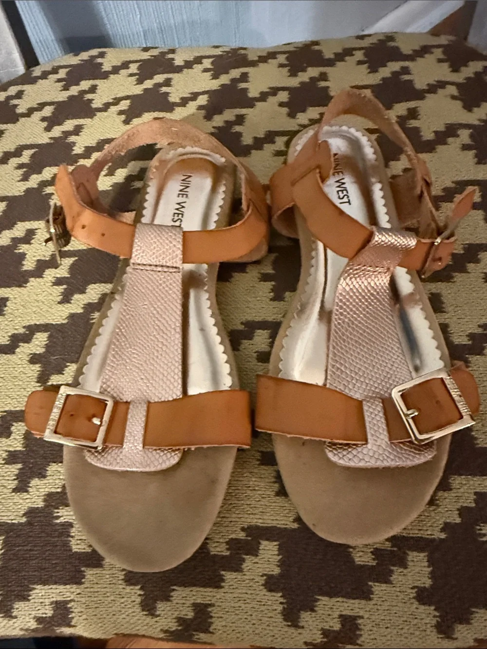 Nine West Cognac Brown Leather Buckle T-Strap Sandals